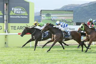 Nicoletta (NZ) claims the G1 New Zealand Breeders Stakes at Te Aroha. Photo Cred: Trish Dunell